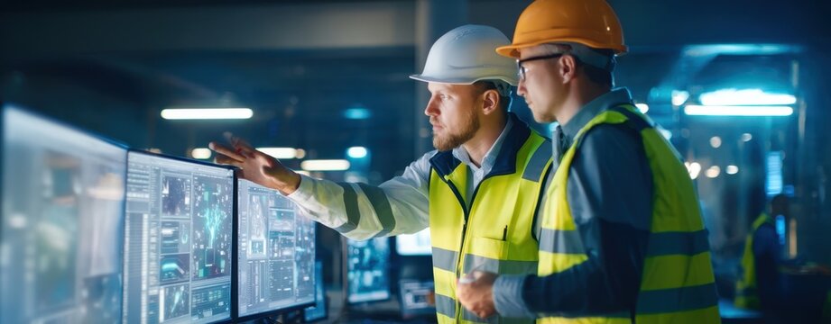 The engineers analyzing data on multiple computer screens in a modern workspace
