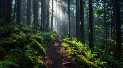 Fototapeta premium Sunlight streams through misty forest path