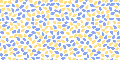 Seamless abstract pattern featuring blue and yellow teardrop shapes on a white  background. Simple bold and modern design ornament for fabrics, wallpapers, wrapping paper, and digital prints.