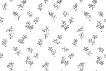 Seamless vector pattern featuring minimalist line-drawing leaves arranged. Black and white background. Plain nature ornament for textiles, wrapping paper, wallpapers,  branding designs.