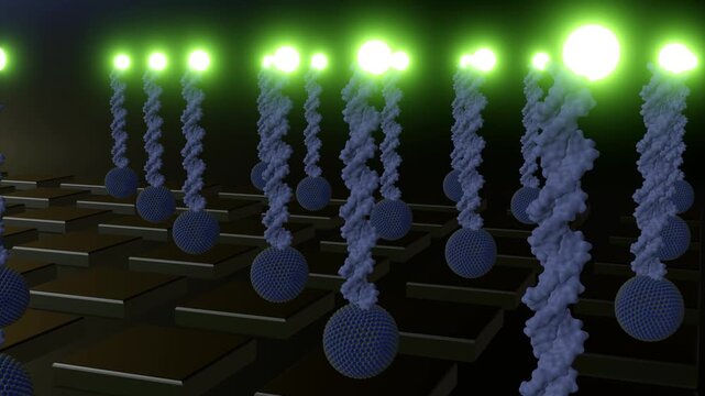 A 3d animation of array of DNA biosensors, a system designed for detection or analysis; the illuminated biosensors.