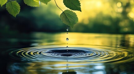 Water droplet falling into a calm pool, creating ripples. Lush green leaves in background