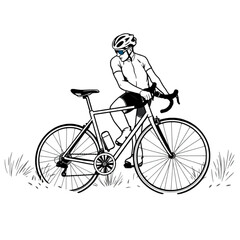 Naklejka premium A cyclist tightening spokes on a dusty roadside