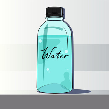 a cartoon-style illustration of a clear plastic water bottle filled about three-quarters full.