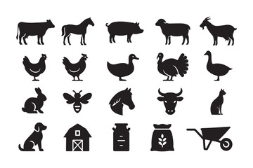 Vector art of a collection of farm animal and agriculture icons in silhouette