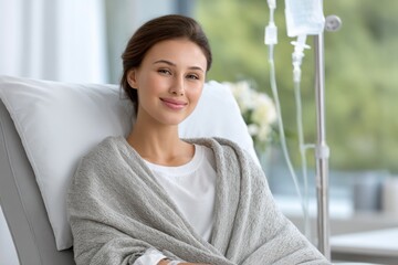 Female patient receiving chemotherapy in bright medical clinic, IV drip and blanket, peaceful expression 