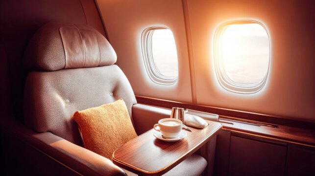 An inviting, luxurious airplane seat with a cup of coffee, offering a comfortable and stylish travel experience for passengers.