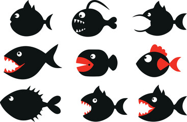 Vector art of a set of cartoon fish with various expressions and features