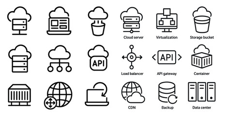 Cloud computing icons set – outline, linear, technology and data storage symbols