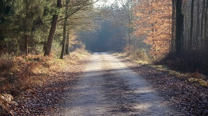 Obraz premium Sunlight filters through a winter forest path