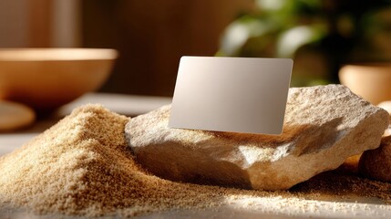 Clean loyalty card mockup on cracked stone surface, fine herbal powder sprinkled around, warm directional afternoon light from right, centered blank card with rustic vibe, no text