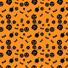 Halloween Pattern Vector Illustration Seamless Orange Background with Jack-o'-Lantern Faces and Flying Bats for Festive Decor and Design.