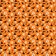 Vector art of a seamless halloween pattern with skulls bats hats and ghosts on an orange background