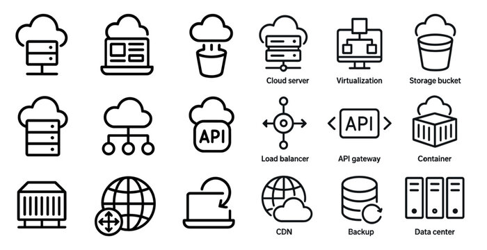Cloud computing icons set – outline, linear, technology and data storage symbols