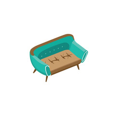 Vector art of a turquoise retro couch with a brown cushion isolated on white background