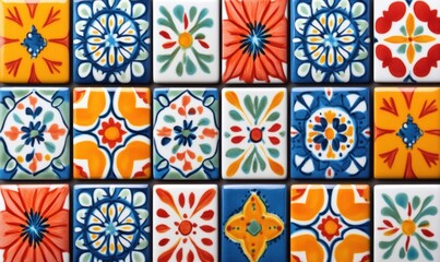 Close-up of vibrant, patterned ceramic tiles. Featuring a variety of floral and geometric designs in bold colors, perfect for backgrounds.