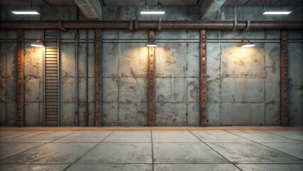 Industrial interior shows a weathered concrete wall with a metal ladder