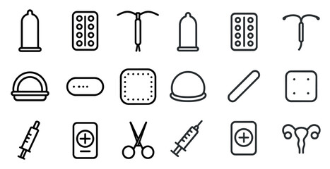 Contraceptive outline icons set – minimalist, linear, birth control symbols