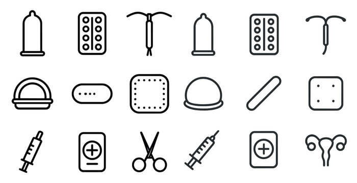 Contraceptive outline icons set &ndash; minimalist, linear, birth control symbols