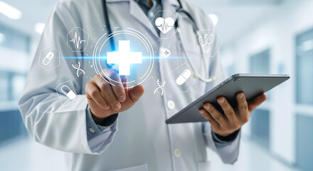 Doctor using digital tablet with medical icons overlaying in a modern hospital environment setting