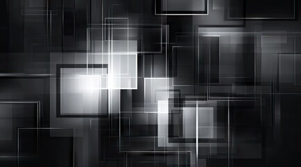 Abstract graphic of overlapping squares in shades of gray and black