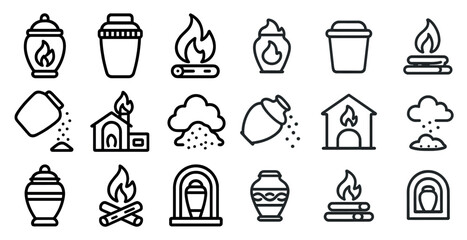 Memorial and funeral outline icons set – cremation, remembrance, ceremony symbols