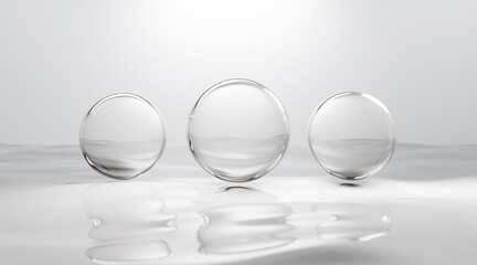 Three transparent spheres floating above a glossy white surface, symbolizing purity, skincare science, and modern elegance in a clean setting.

