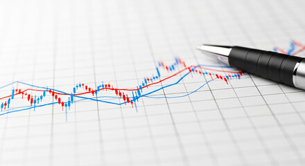 A close up of a pen on a graph paper with red and blue lines showing financial data analysis chart