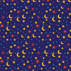 Vector art of a whimsical pattern of moons and stars creates a dreamy atmosphere