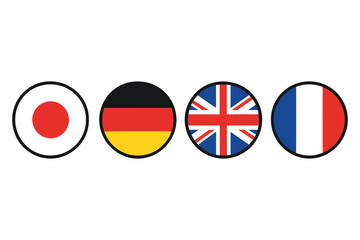Vector art of flags of japan germany united kingdom and france in circular designs isolated on white background