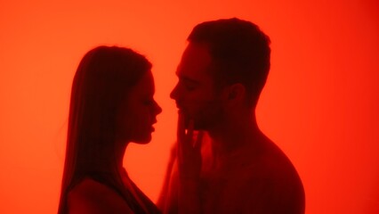 Fototapeta premium Silhouette of Couple Sharing an Intimate Moment in Red Light