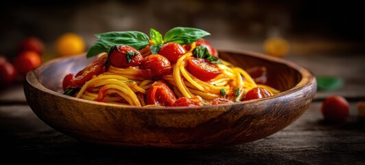 The vibrant spaghetti with tomatoes and basil in a rustic wooden bowl.