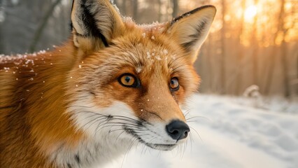 Fototapeta premium Vigilant Fox Amidst Winter's Embrace: A captivating portrait of a sly red fox, its piercing gaze focused, standing amidst the serene snowy expanse of a winter wonderland.