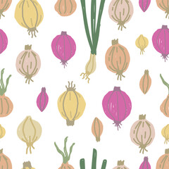 Seamless pattern with hand drawn onions. Repeating vegetable background with red, white and green onions. Food and kitchen concept.