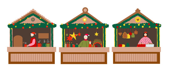 Christmas market stalls with people selling festive goods and food. Holiday season and street fair concept. Christmas celebration.