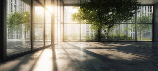 The modern interior featuring a prominent tree and abundant natural light.