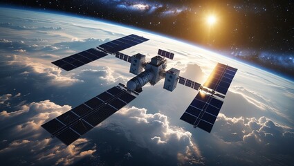 Blue sky with clouds, sunlight, and an airplane flying through the vast business of space, near Earth and the sun