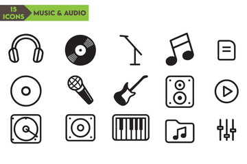 Vector art of a set of 15 music and audio icons isolated on white background