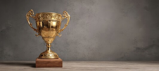The elegant golden trophy symbolizing victory and achievement on a wooden base.