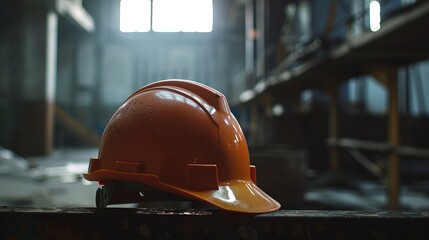 A red construction hard hat and a pair of high-visibility orange safety goggles rest on a dark reflective surface, illuminated by dramatic lighting. This image symbolizes workplace safety,