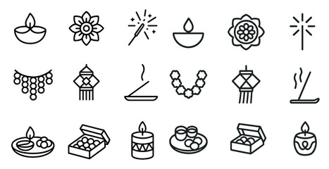 Diwali celebration outline icons set – festival, holiday, traditional decorative symbols