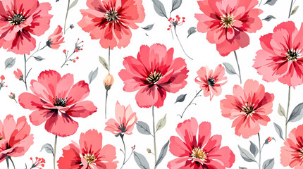Fototapeta premium A detailed watercolor illustration featuring various elegant red wildflowers with delicate stems and petals on a white background. 