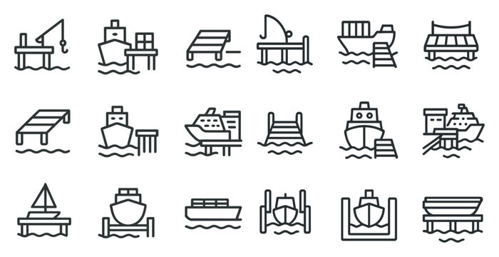 Wharf and pier linear icons set &ndash; outline, silhouette, harbor and dock symbols