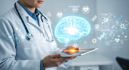 Doctor holding tablet with brain hologram and medical icons in a modern healthcare setting scene