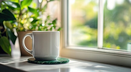 White mug on windowsill, plants, sunny day
