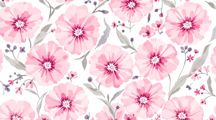 Beautiful seamless watercolour illustration wild blooming floral pattern, delicate flowers, pink, blue and light pink flowers, greeting card template on white background.