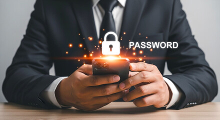 Man in suit holding phone with padlock and password overlay for security concept on light background