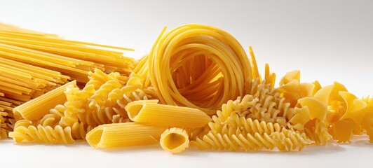 The vibrant display of assorted pasta varieties on a clean background