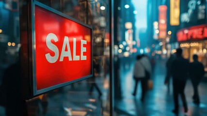 Illuminated red sale sign in a shop window, reflecting bright city lights, symbolizing urban shopping culture, discounts, and retail marketing. - Powered by Adobe