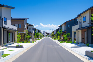 整備された街並みに立ち並ぶ現代的な戸建て住宅・住宅展示場